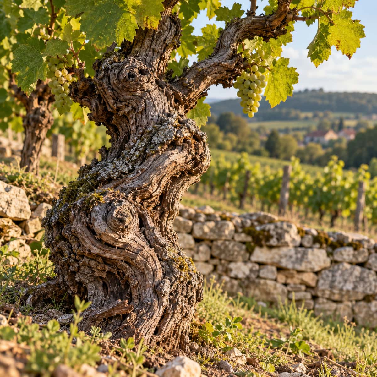 Vieille souche de vigne dans un vignoble de Haute-Saône