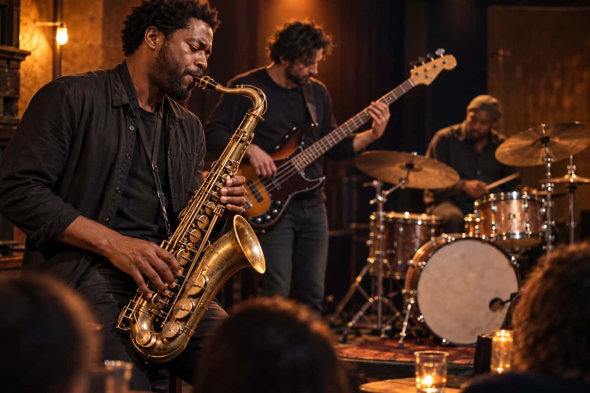Trio de jazz avec saxophone, basse et batterie, en illustration du concert au Crescent à Mâcon.