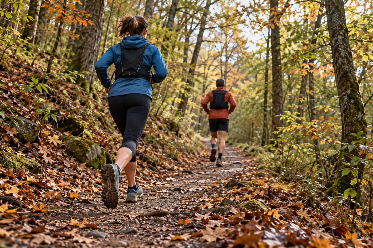 Deux coureurs sur un sentier d’automne, lors du Trail des Terres de Saône à Port-sur-Saône.