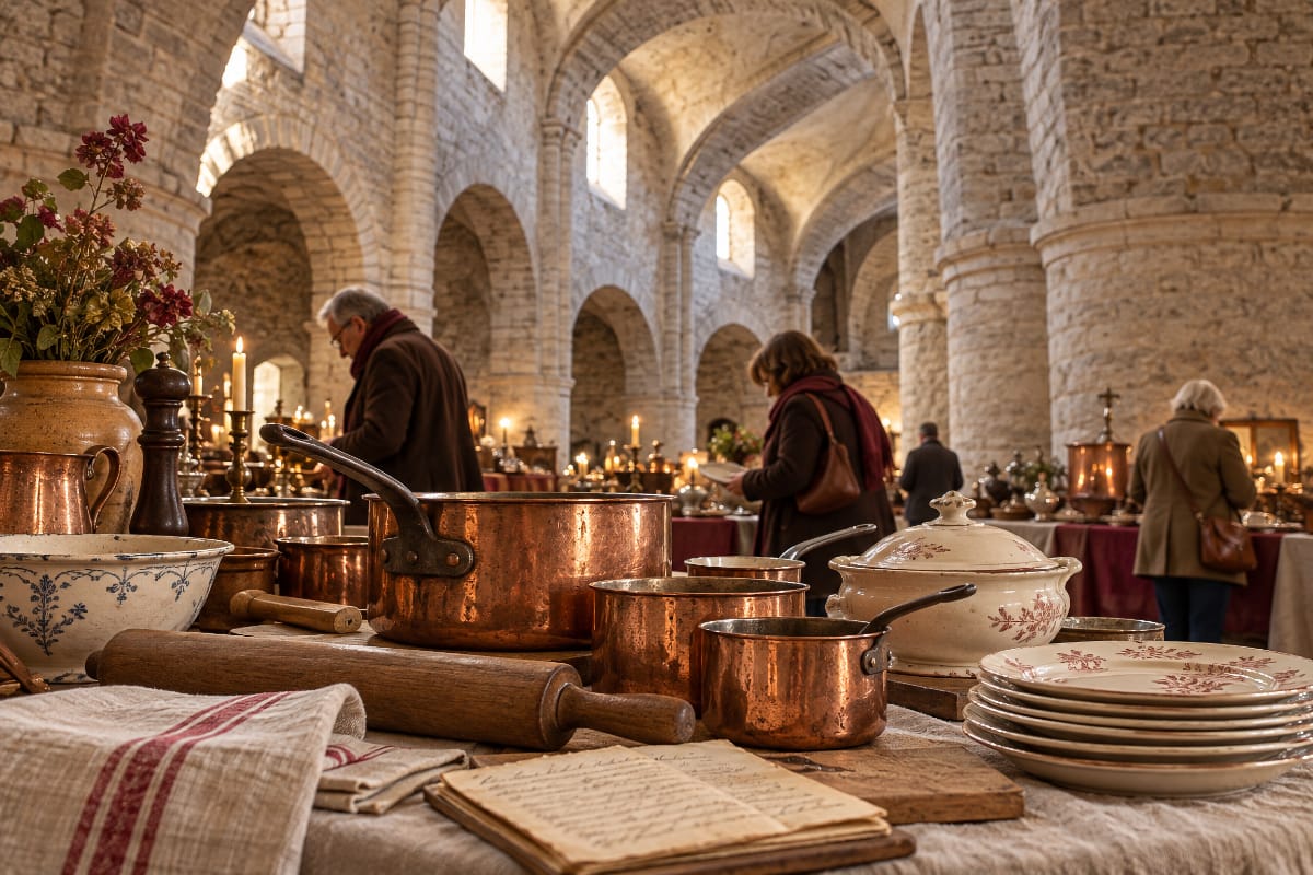 Ustensiles de cuisine anciens exposés sous les voûtes de l’abbaye Saint-Philibert de Tournus