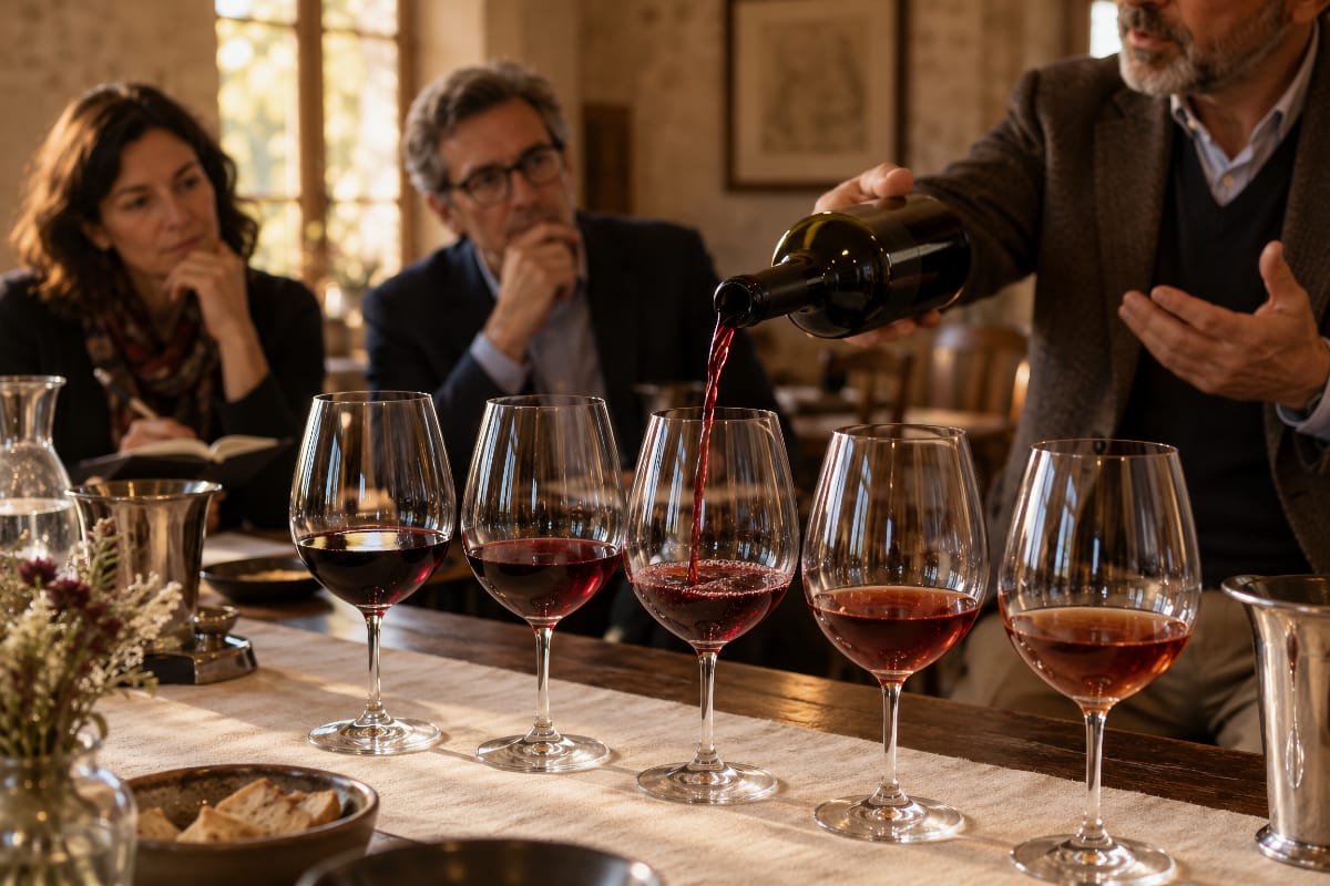 Dégustation de vins rouges lors du Marché aux Vins de Fleurie