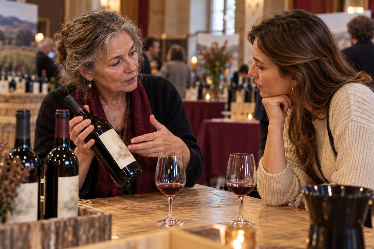 Une vigneronne échange avec une visiteuse au Marché aux Vins de Fleurie