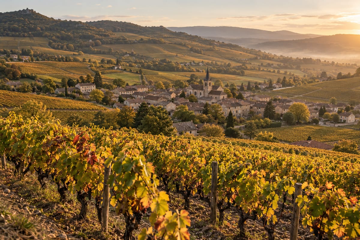 Le village de Fleurie entouré de vignes dans le Beaujolais à l’automne