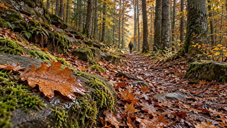 Sentier d’automne dans la forêt de Darney entre rochers moussus et grands chênes