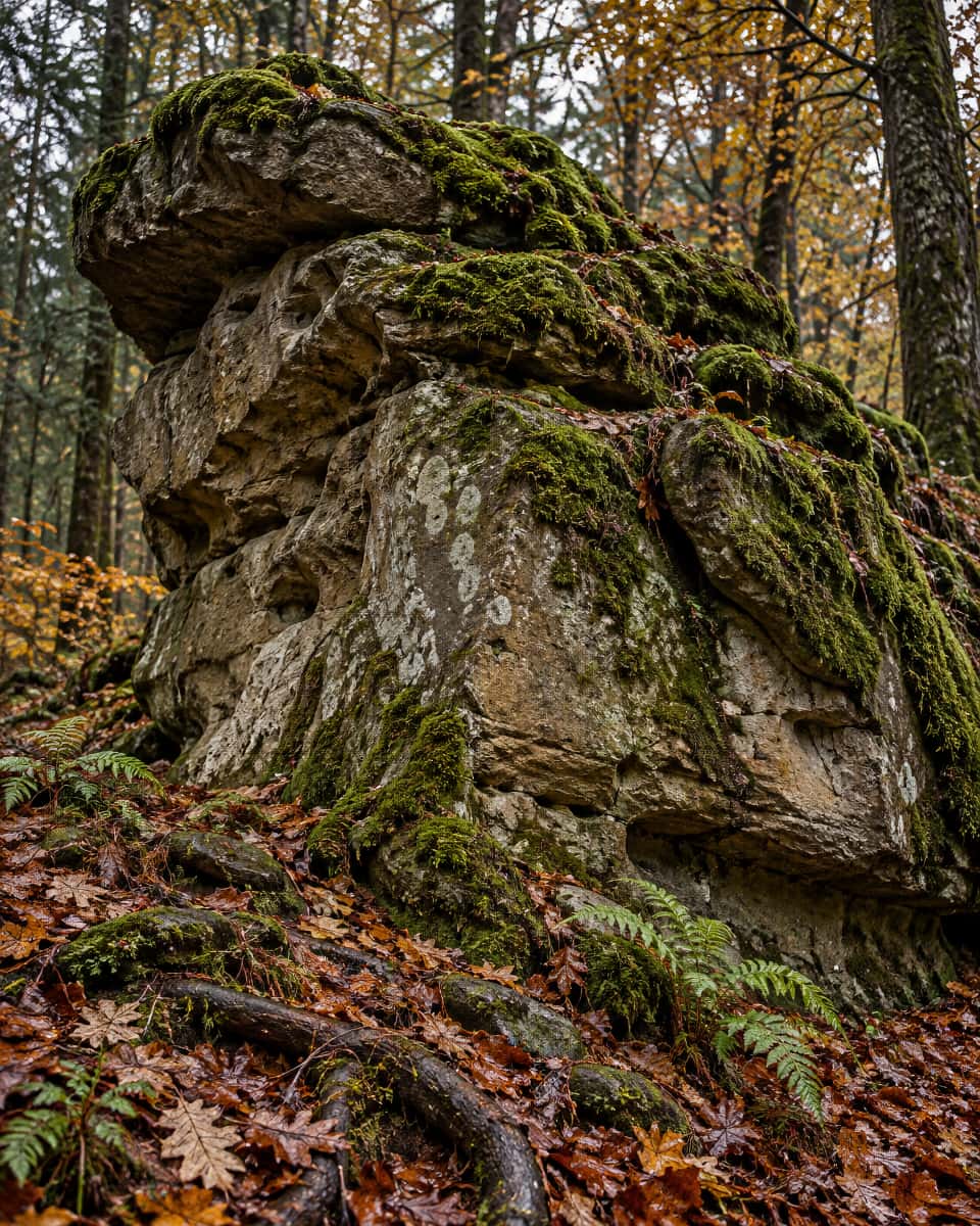 Bloc de grès couvert de mousse dans les sous-bois de Darney