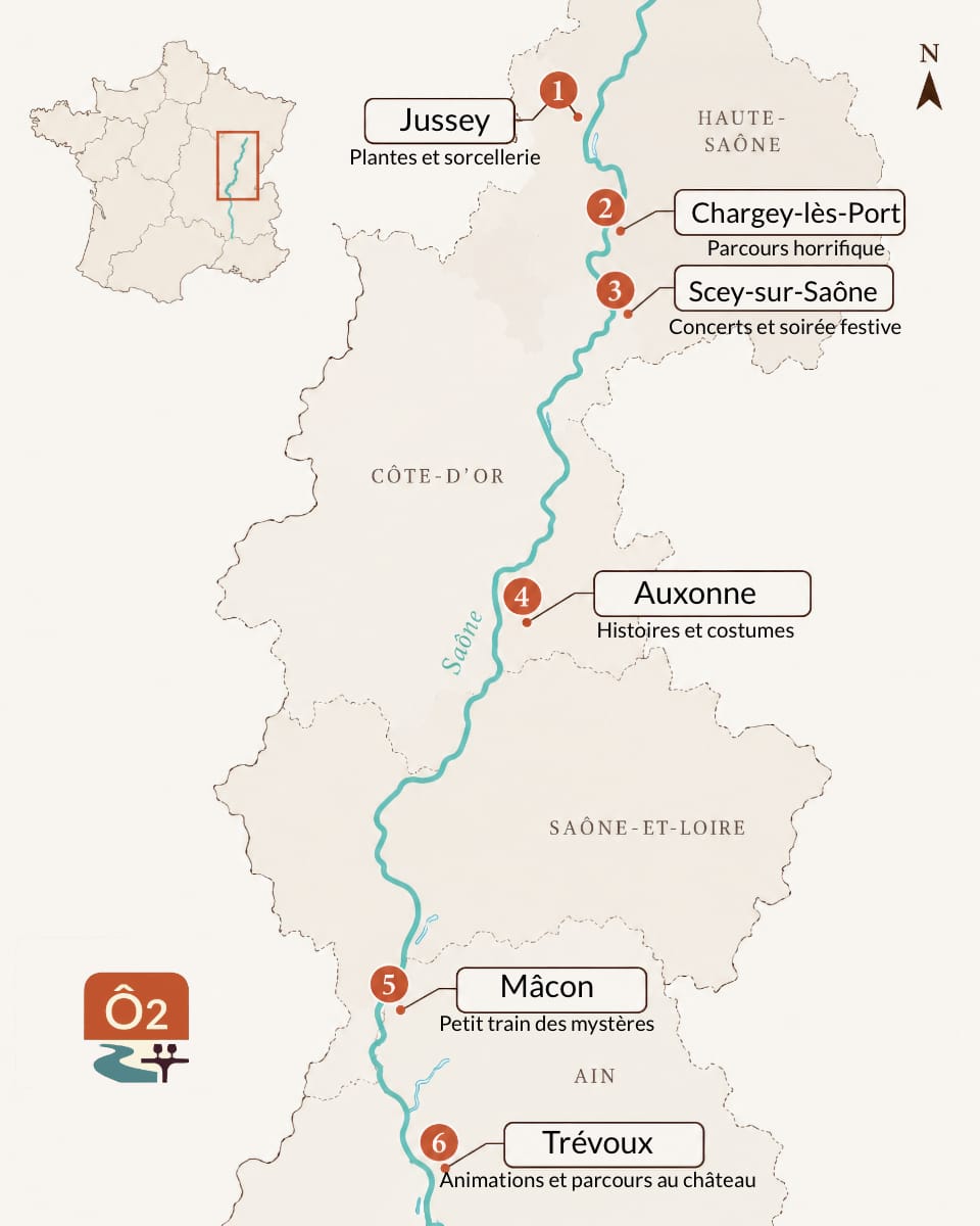 Carte situant les six rendez-vous d’Halloween à Jussey, Chargey-lès-Port, Scey-sur-Saône, Auxonne, Mâcon et Trévoux.