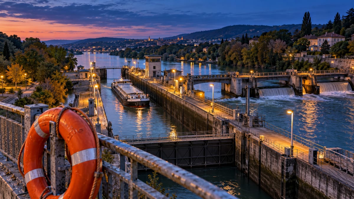 Écluse sur la Grande Saône, avec un ouvrage de navigation et des berges arborées