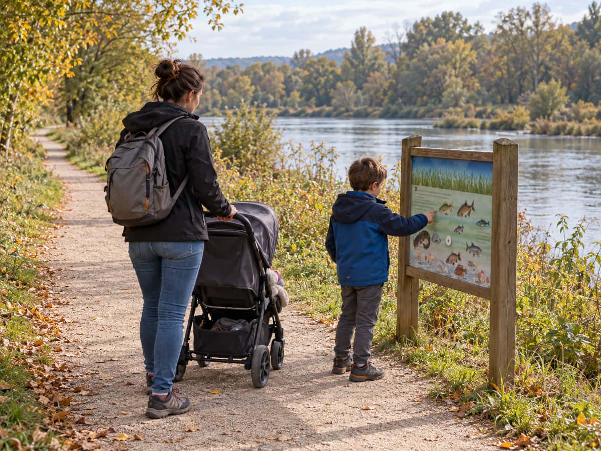 Un adulte avec une poussette et un enfant observant un panneau de découverte au bord d’une rivière.