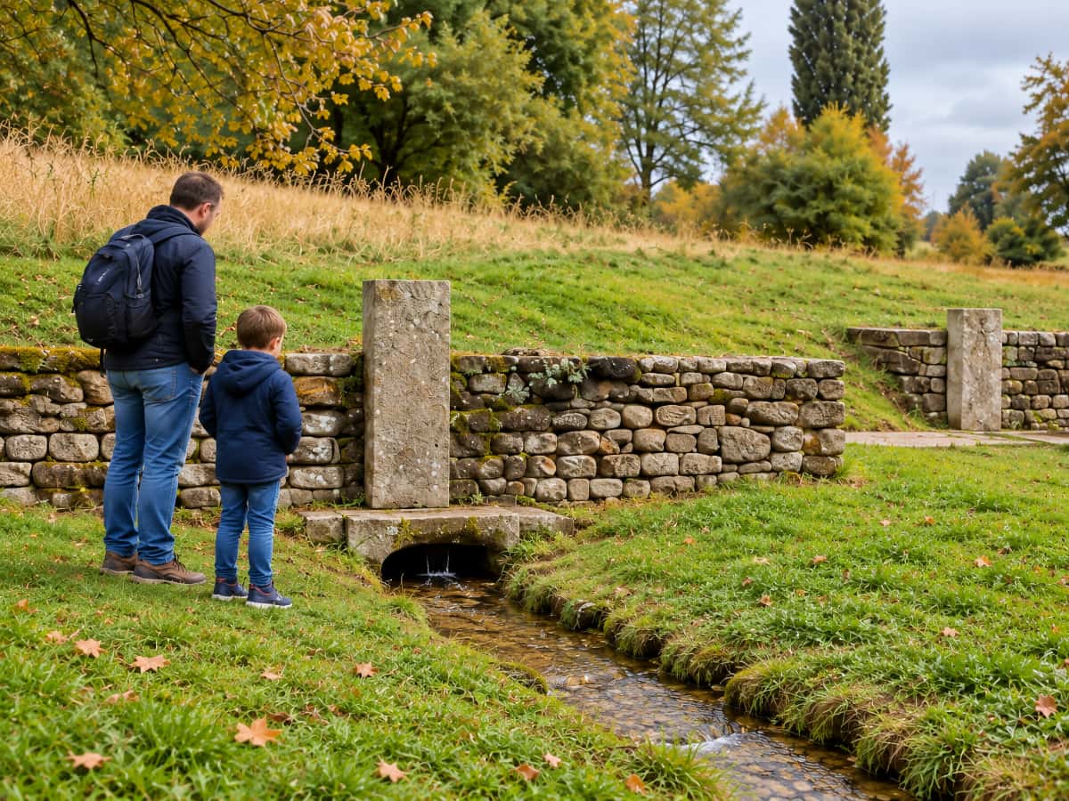 Un adulte et un enfant observent un petit cours d’eau sortant d’un ouvrage en pierre, dans un paysage d’automne.