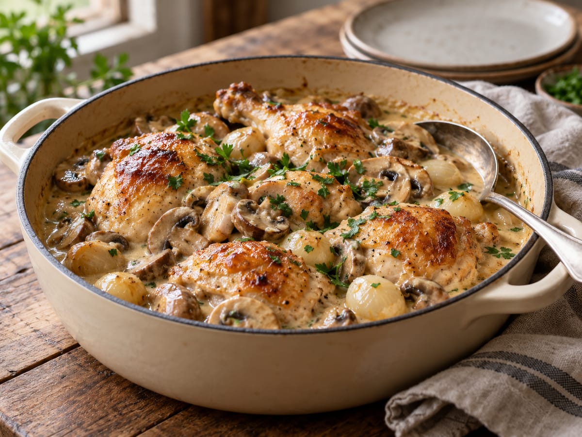 Morceaux de poulet à la crème avec champignons et petits oignons, servis dans une cocotte claire