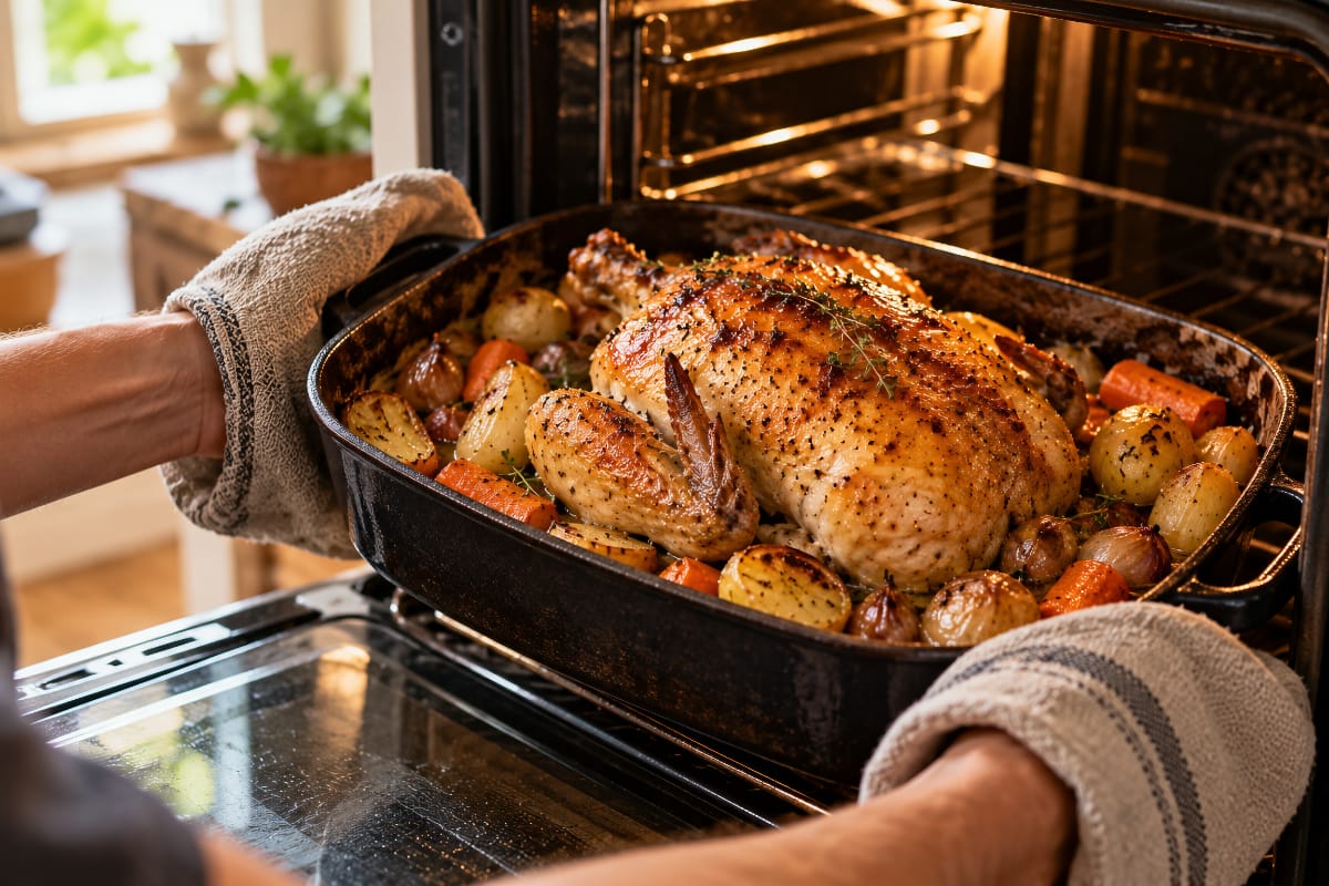 Poulet rôti entier avec pommes de terre, carottes et échalotes, sorti du four avec des maniques