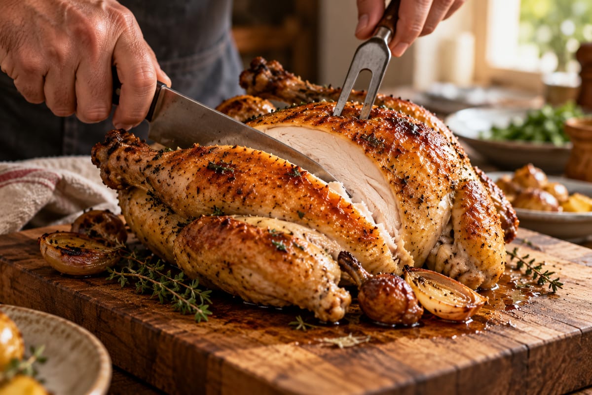 Poulet rôti découpé sur une planche en bois, avec la chair blanche visible sous la peau dorée