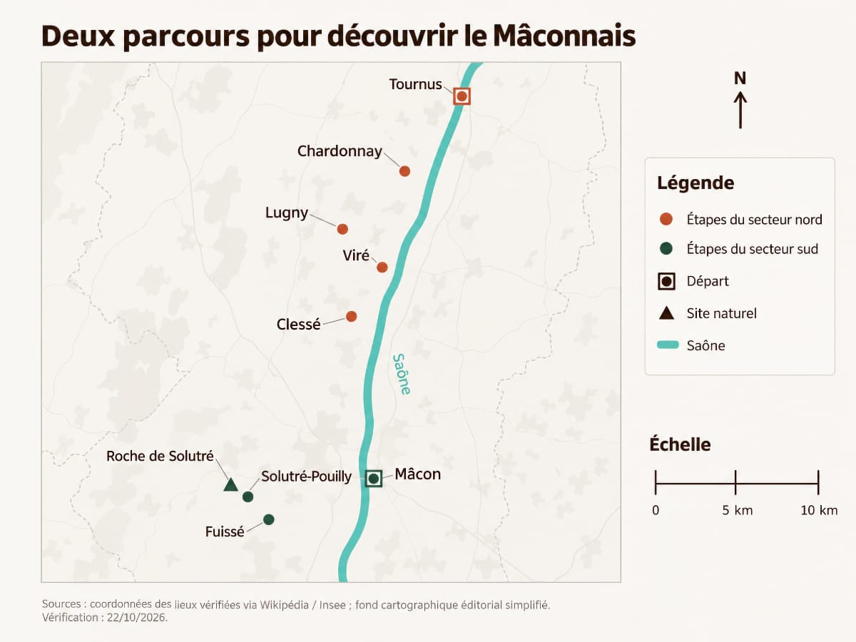 Carte de repérage des étapes du Mâconnais proposées depuis Tournus et Mâcon