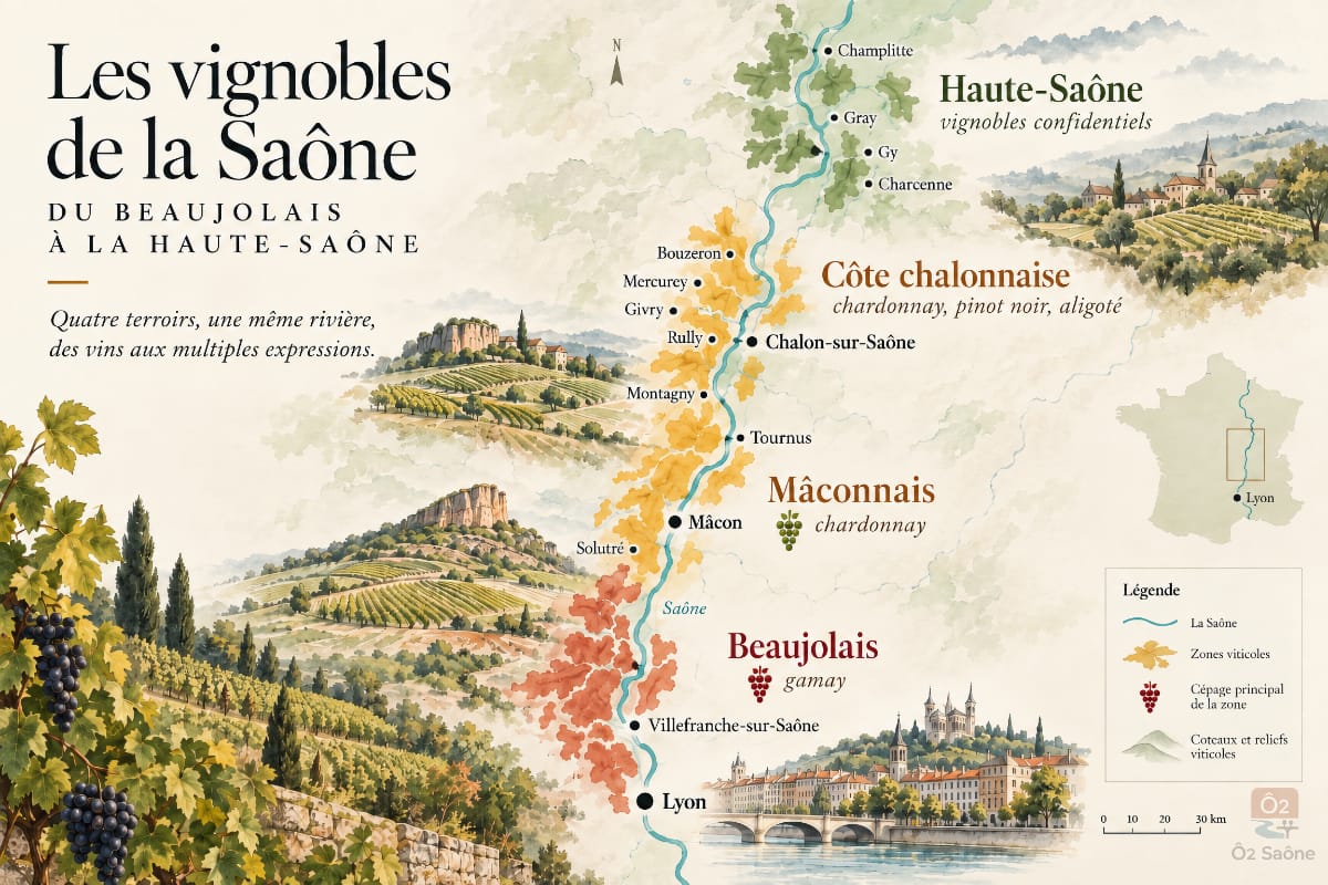 Carte des vignobles de la Saône, du Beaujolais à la Haute-Saône