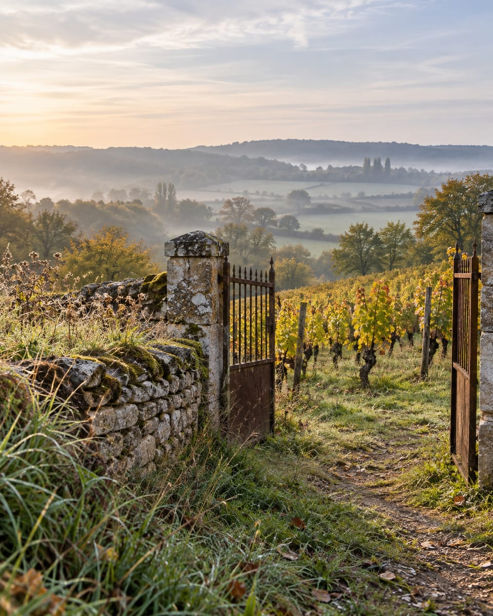 Petite parcelle de vigne dans la brume matinale en Haute-Saône