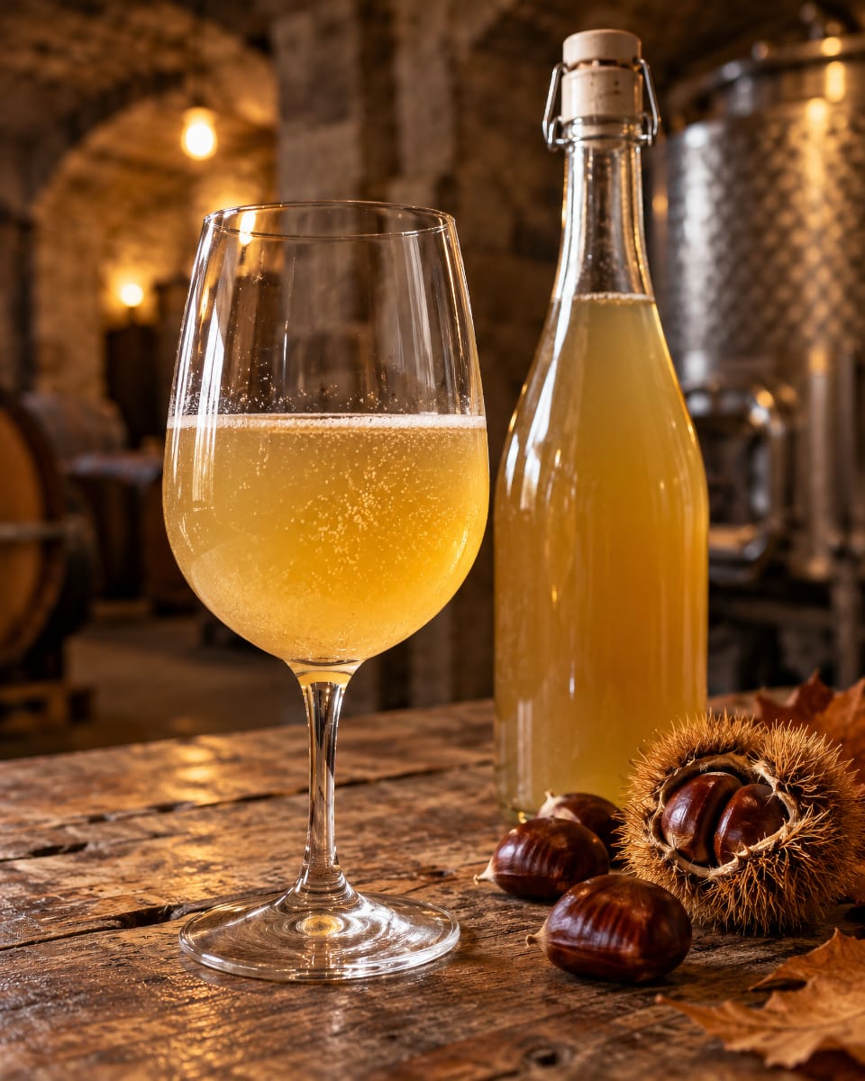 Bulles de fermentation dans un verre de vin bourru trouble