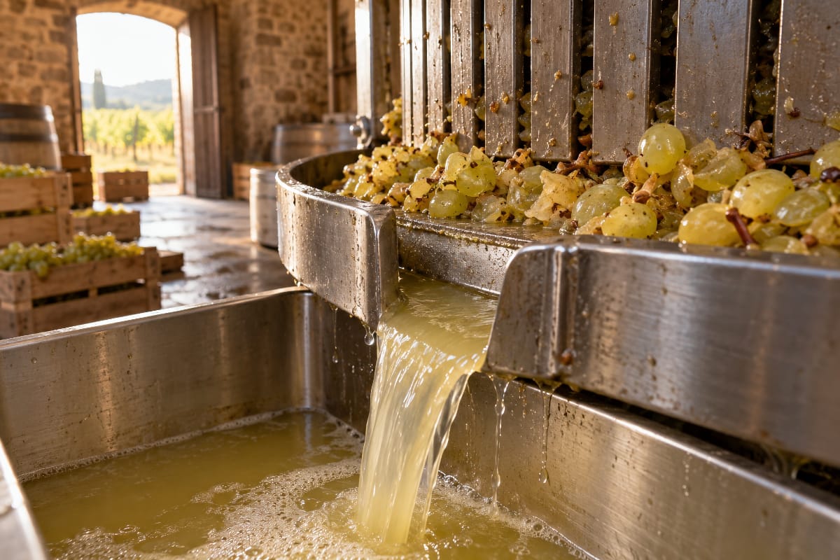Moût de raisin fraîchement pressé dans un pressoir après les vendanges
